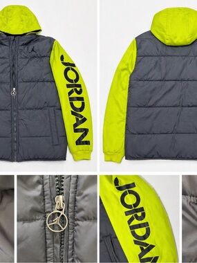 Jordan Hooded Puffer Jacket in Neon Yellow and Gray
